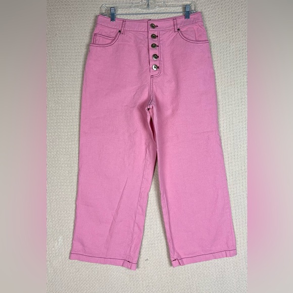 Kate Spade Pink Wool Cotton Heather Basket Weave Pants Wide Leg Cropped Button - Picture 7 of 12